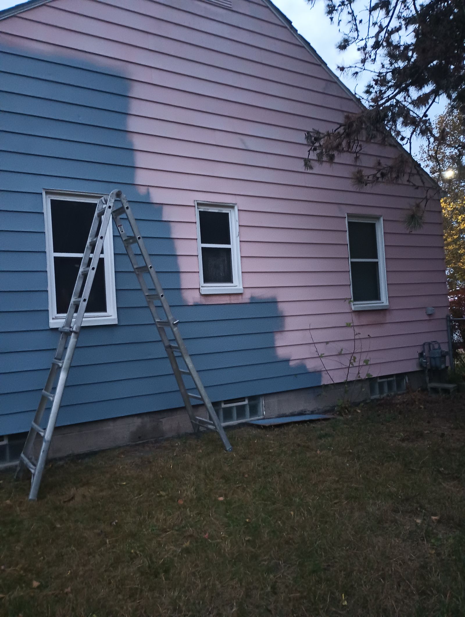 House exterior mid-repaint, half pink and half blue siding visible side by side