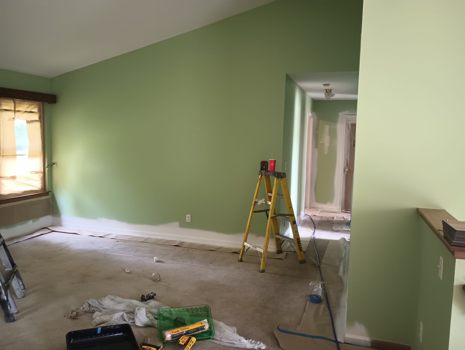 Living room before repaint, dated green walls